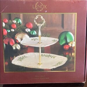 New Lenox Holiday Two-Tier Server - White with Green and Red Accents